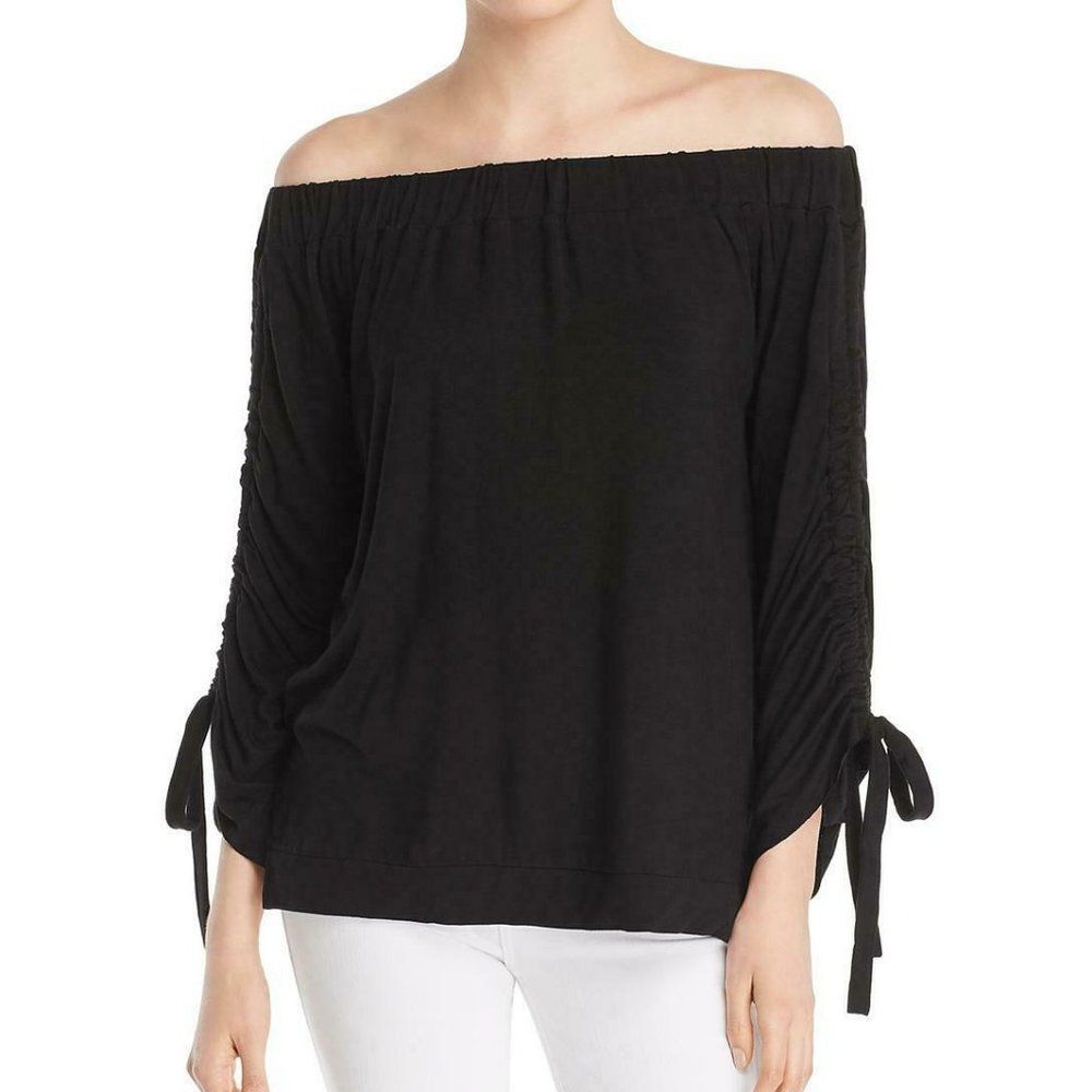 A+A Collection Ruched Off-Shoulder Tie-Sleeve Top Black – Medium NWT